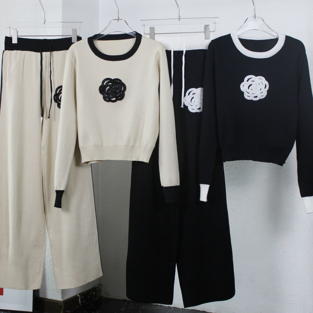 Beaded Rosette Knit Crop Top And Pant Set - view 1