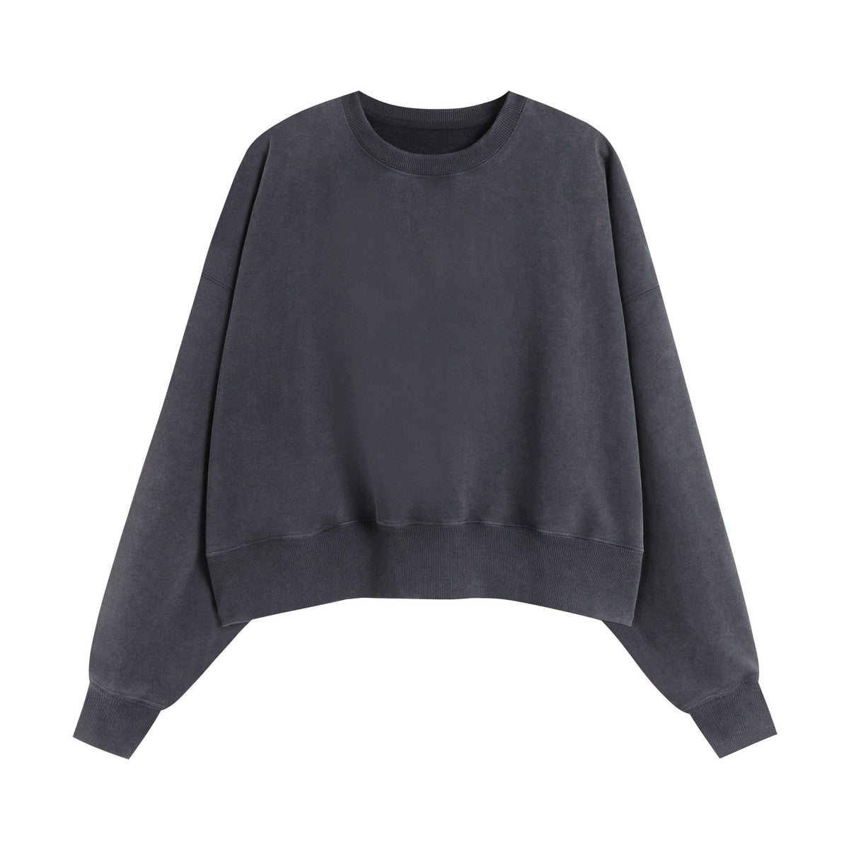 Washed Cropped Round Neck Boxy Sweatshirt - Black