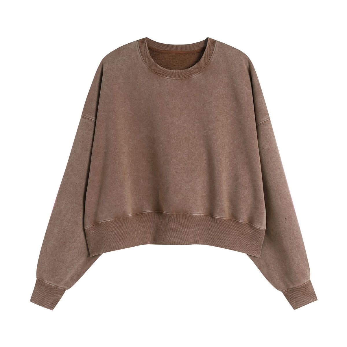 Washed Cropped Round Neck Boxy Sweatshirt - Coffee