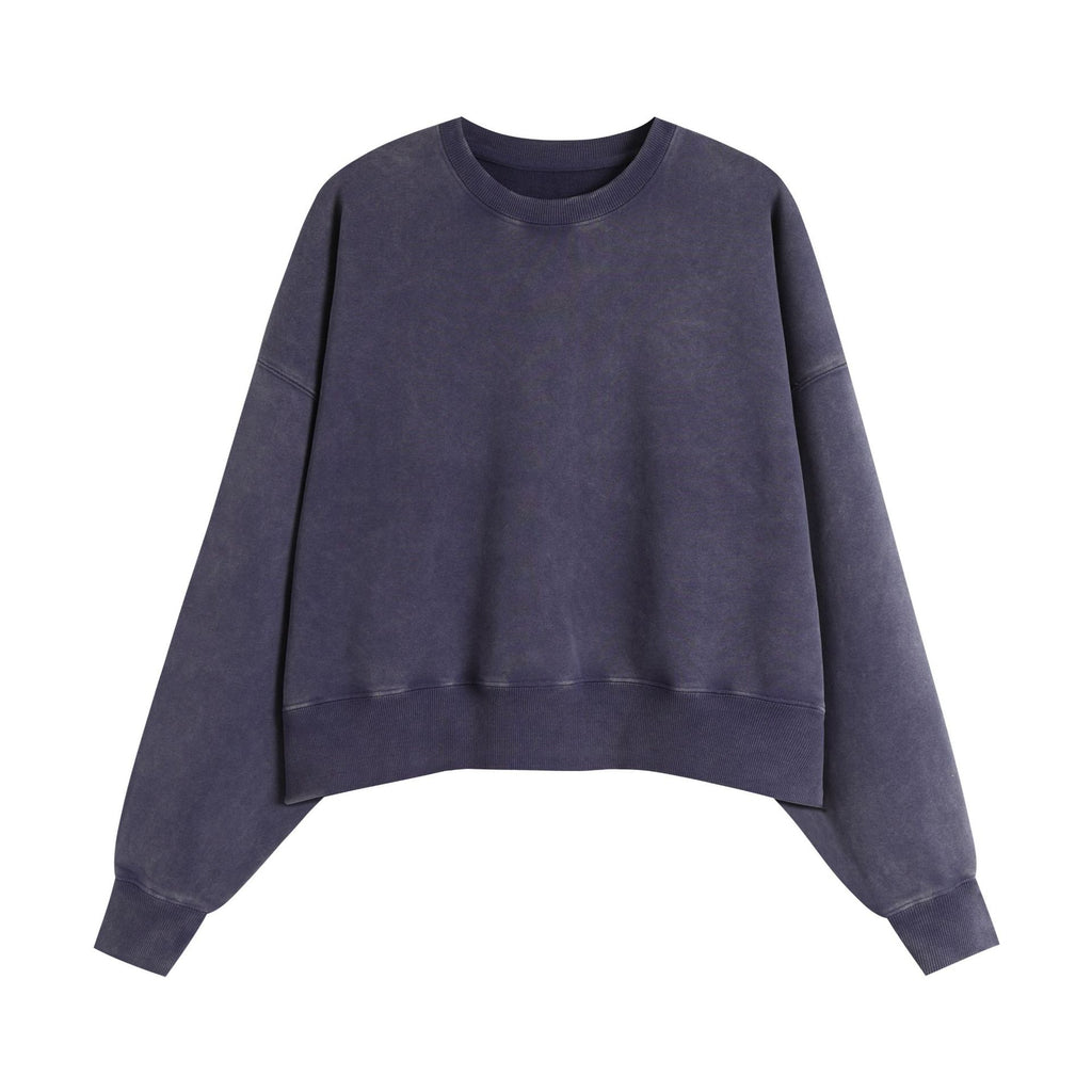 Washed Cropped Round Neck Boxy Sweatshirt - Darkblue