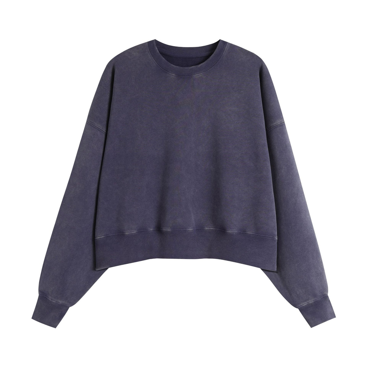 Washed Cropped Round Neck Boxy Sweatshirt - Darkblue