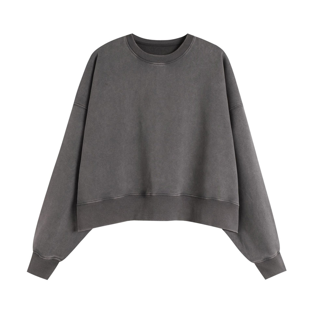 Washed Cropped Round Neck Boxy Sweatshirt - Grey