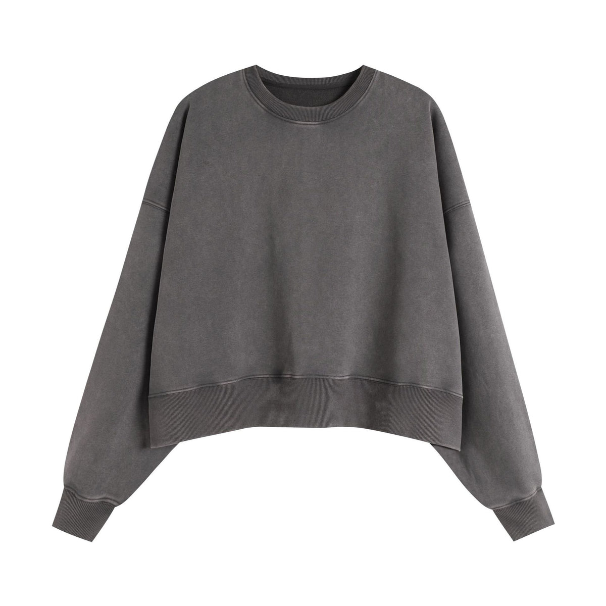 Washed Cropped Round Neck Boxy Sweatshirt - Grey