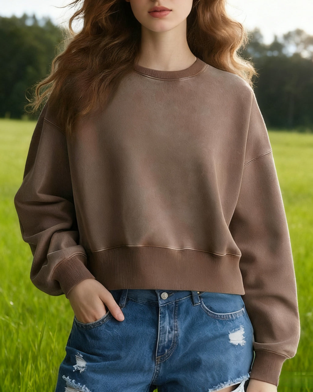 Washed Cropped Round Neck Boxy Sweatshirt