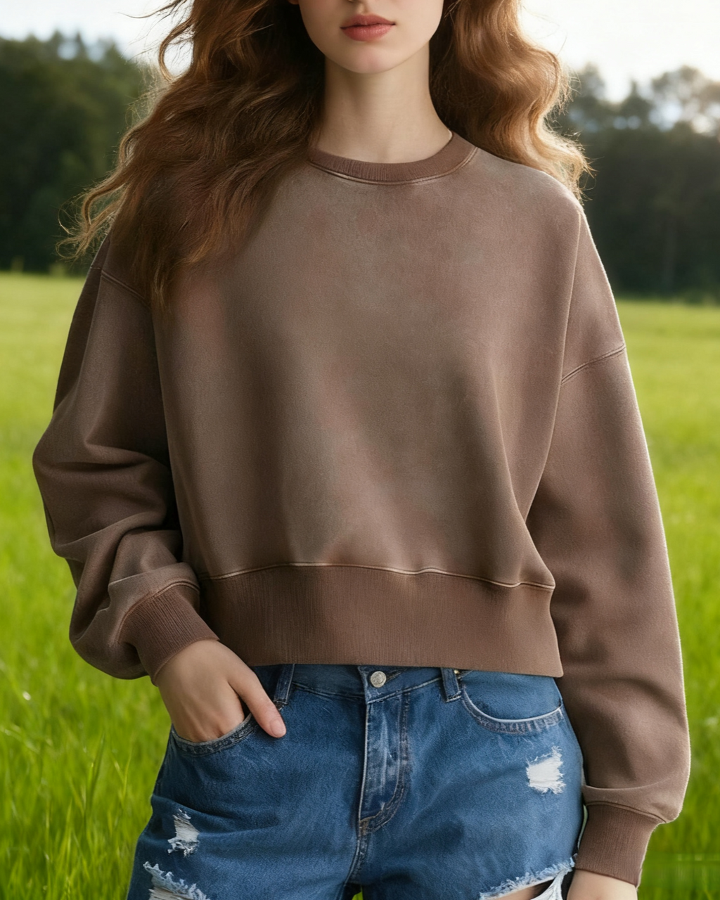 Washed Cropped Round Neck Boxy Sweatshirt - view 1