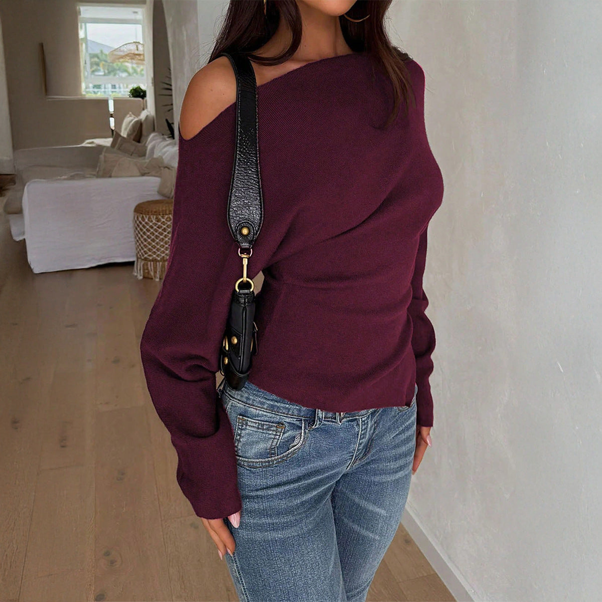 One Shoulder Cutout Ribbed Knit Sweater - Purple