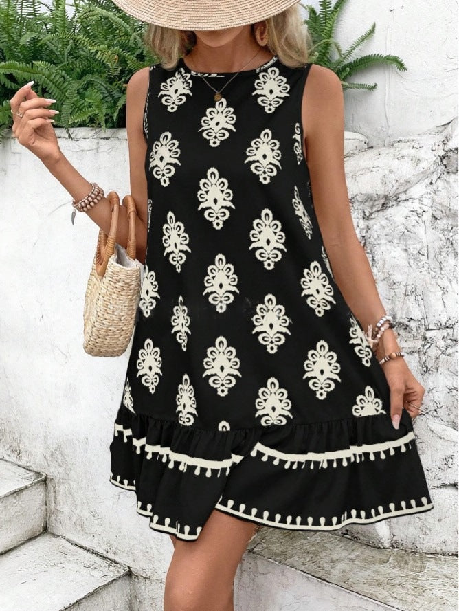 Boho Medallion Print Tie Back Mini Dress - Black - 1