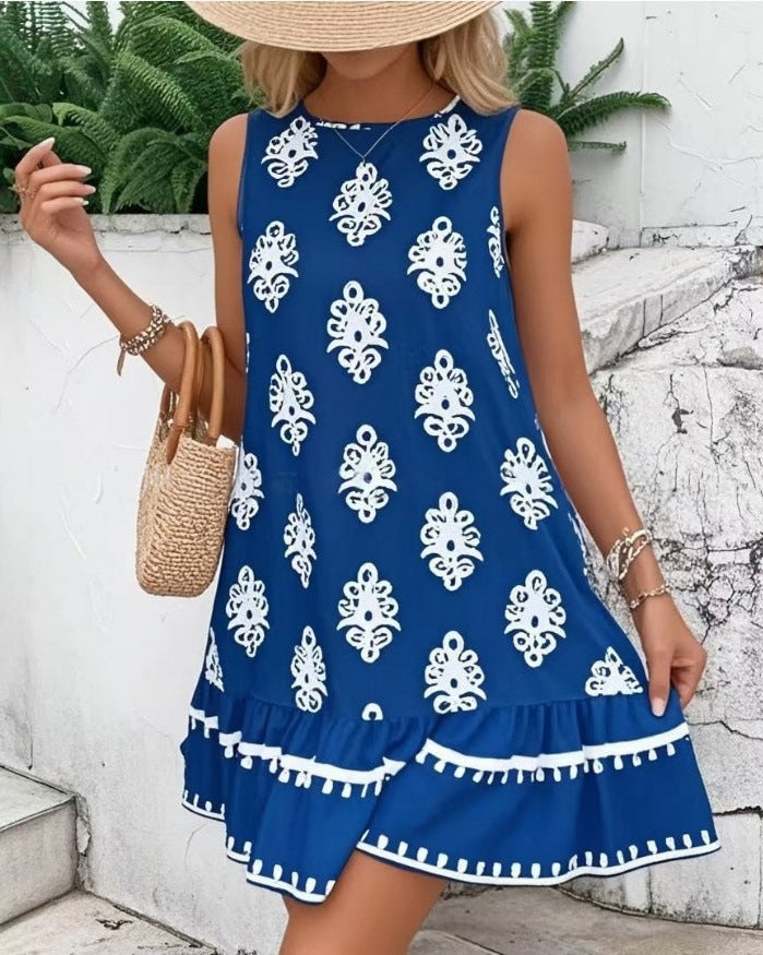 Boho Medallion Print Tie Back Mini Dress - Blue