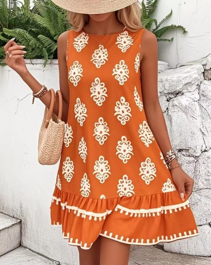 Boho Medallion Print Tie Back Mini Dress - Orange