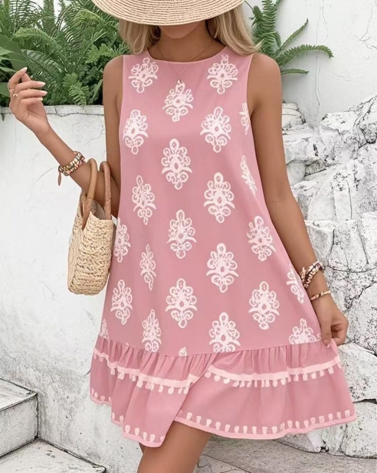 Boho Medallion Print Tie Back Mini Dress - Pink