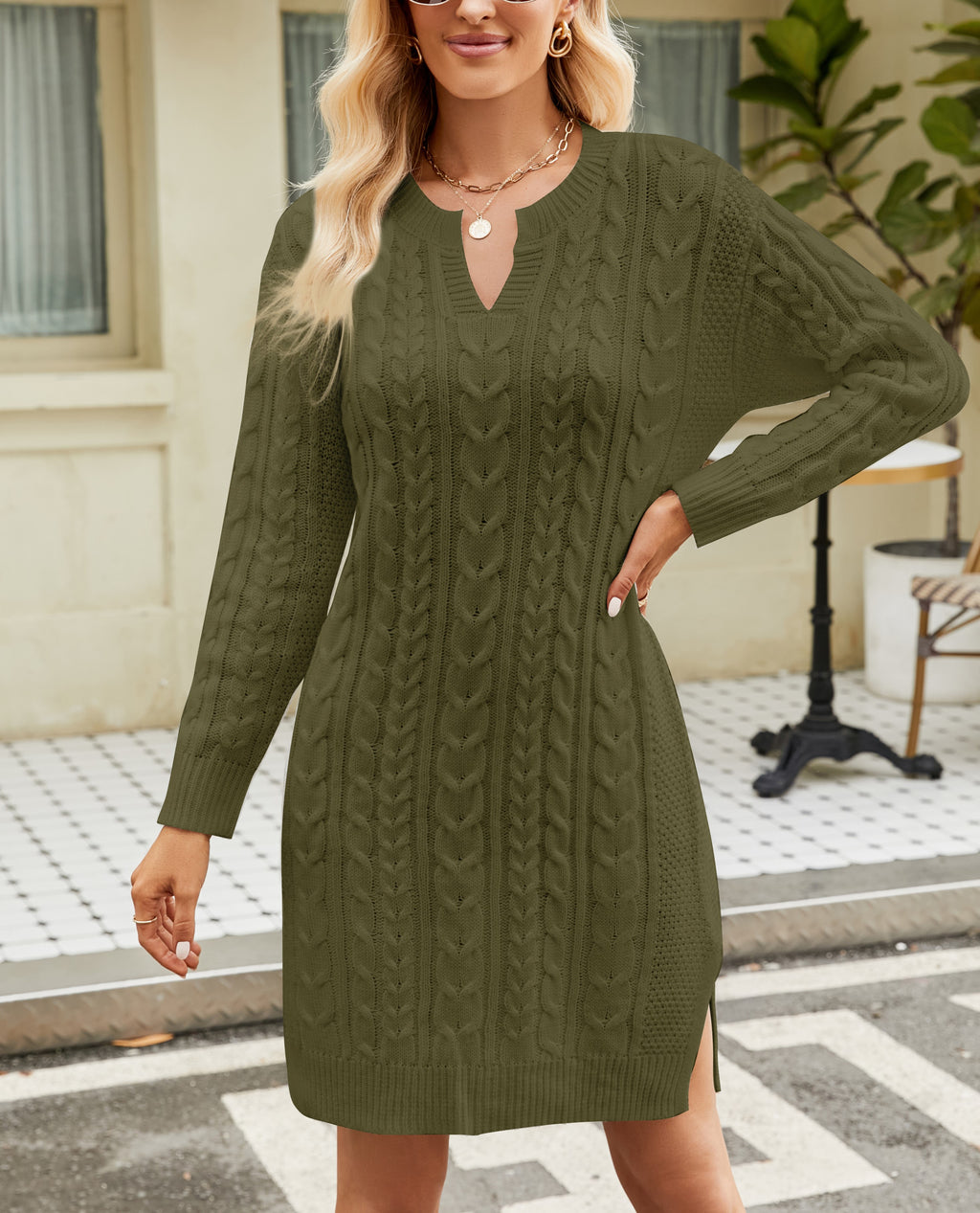 Cable Knit Split Neck Sweater Dress - Olive