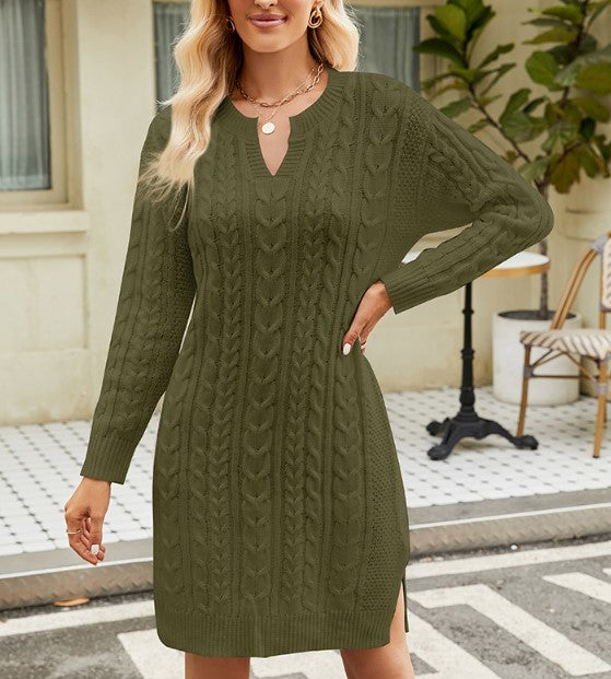 Cable Knit Split Neck Sweater Dress - Olive - 2
