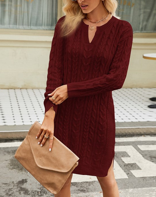 Cable Knit Split Neck Sweater Dress - Red - 2
