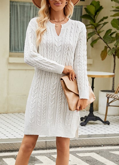Cable Knit Split Neck Sweater Dress - White
