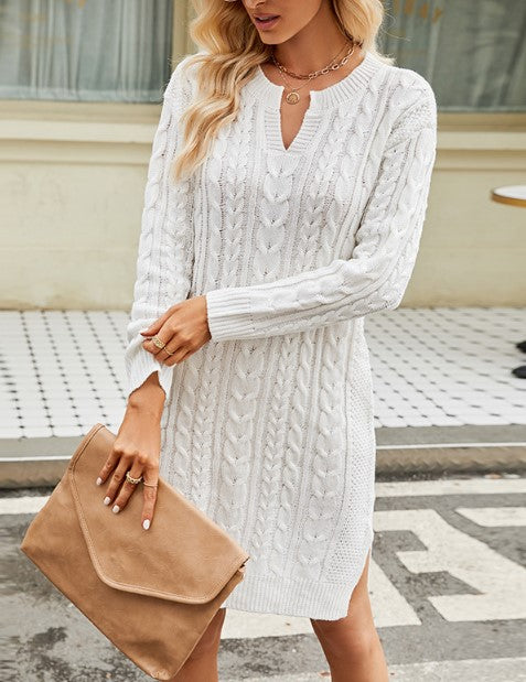 Cable Knit Split Neck Sweater Dress - White - 2