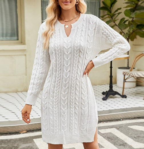Cable Knit Split Neck Sweater Dress - White - 3