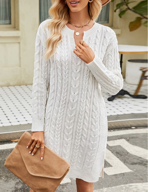 Cable Knit Split Neck Sweater Dress - White - 4