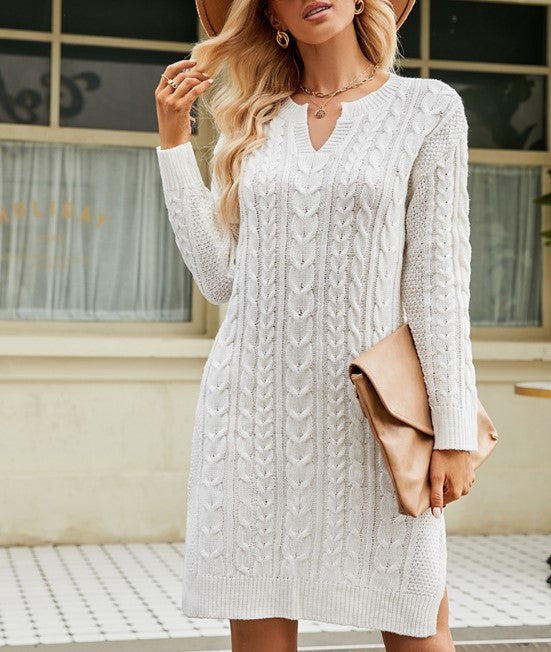 Cable Knit Split Neck Sweater Dress - White - 5