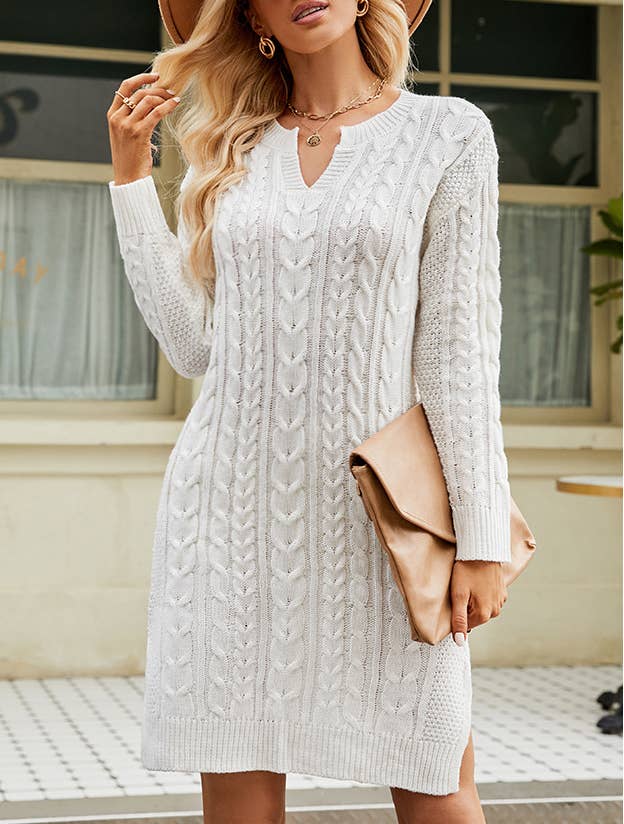 Cable Knit Split Neck Sweater Dress
