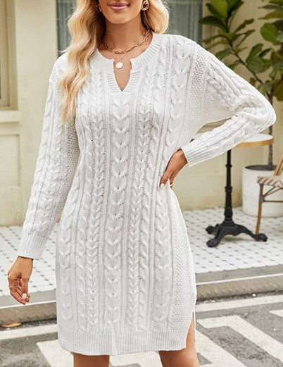 Cable Knit Split Neck Sweater Dress - view 1