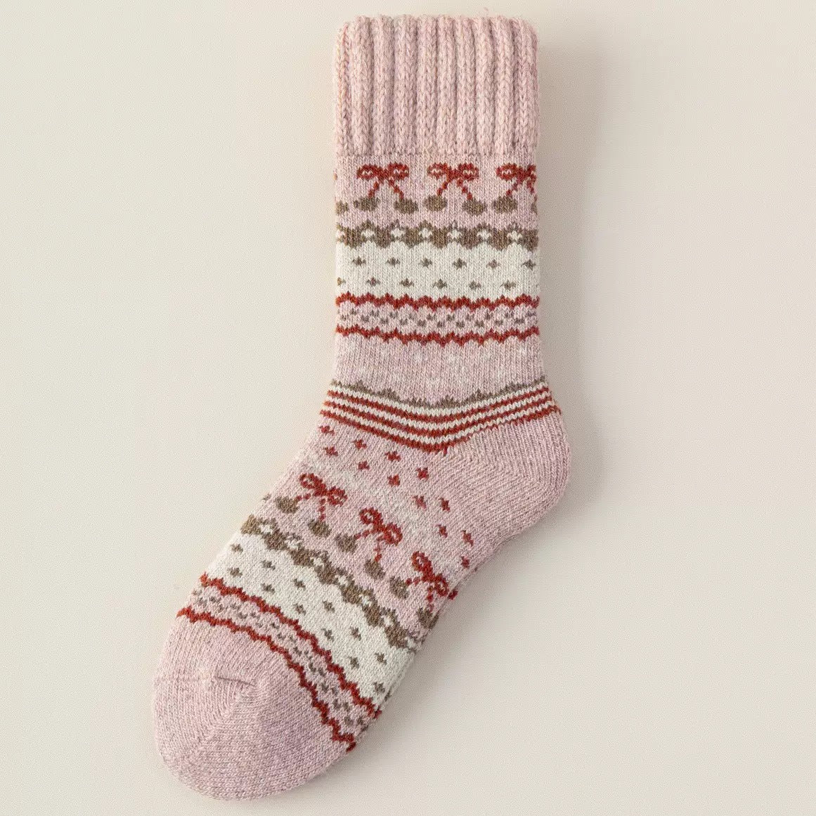 Cozy Fair Isle Bow Crew Socks - Pink