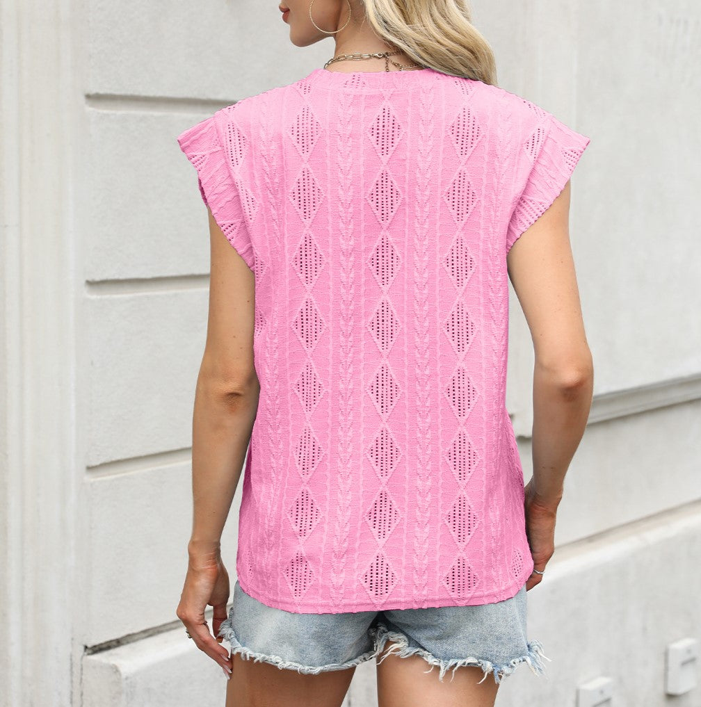 Textured Diamond Jacquard Cap Sleeve Top - Pink - 1