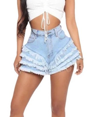Tiered Frayed Ruffle Denim Shorts - Blue - 1