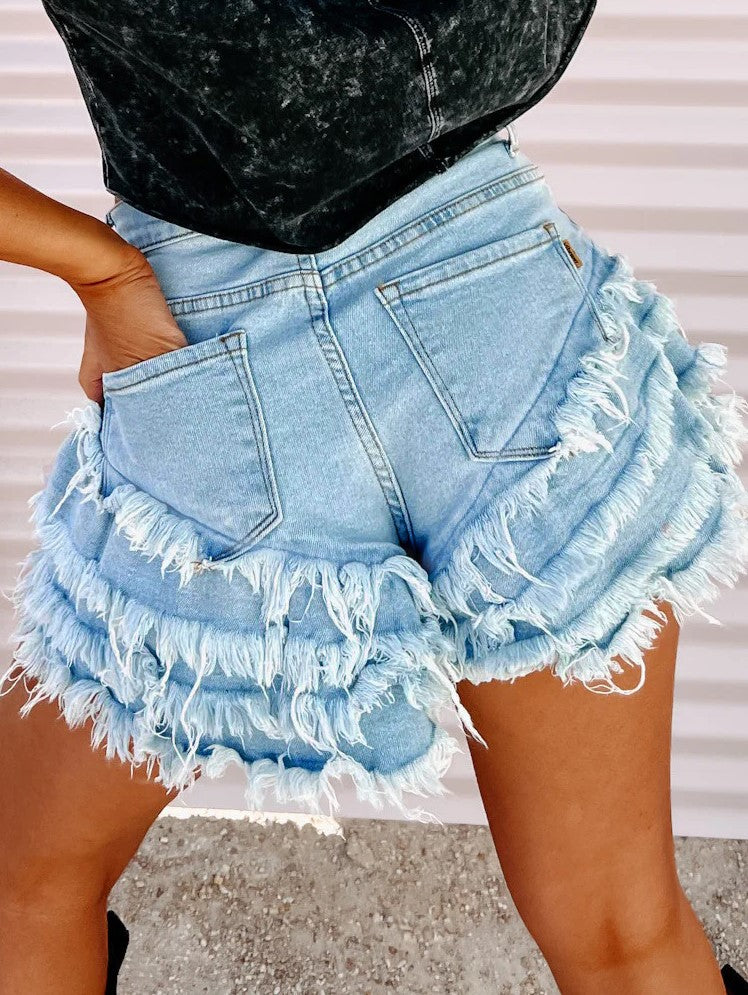 Tiered Frayed Ruffle Denim Shorts - Blue - 4