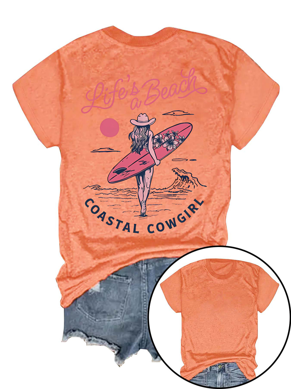 Coastal Cowgirl Surf Print Graphic Tee - Orange