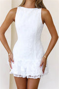 Lace Tiered Ruffle Open Back Mini Dress - White