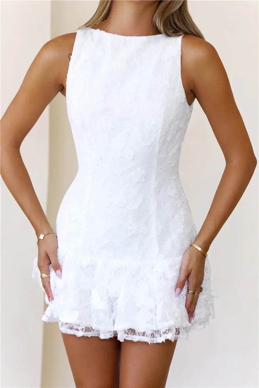 Lace Tiered Ruffle Open Back Mini Dress - White
