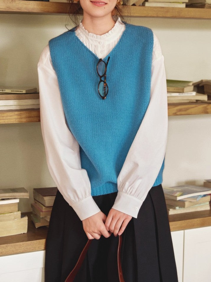Round Neck Wool Blend Sweater Vest - Blue