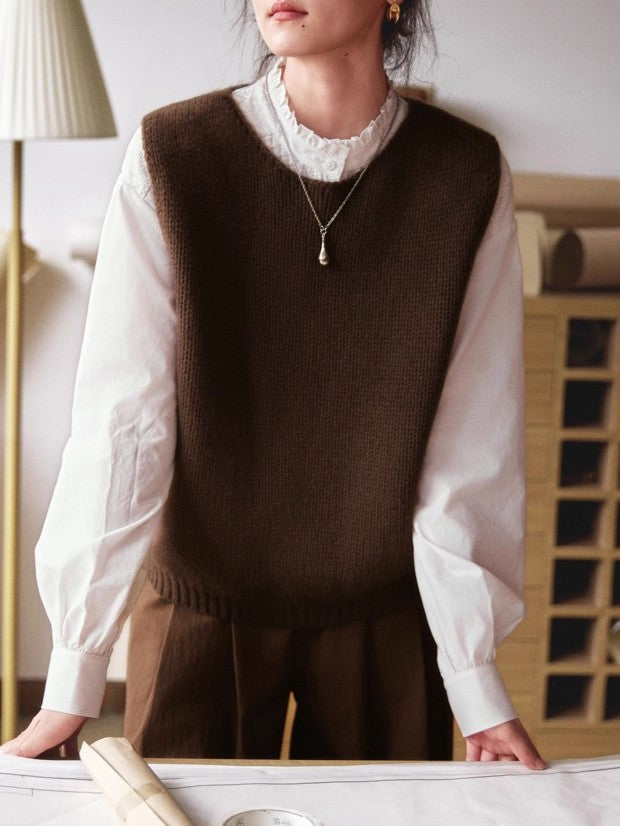 Round Neck Wool Blend Sweater Vest - Coffee
