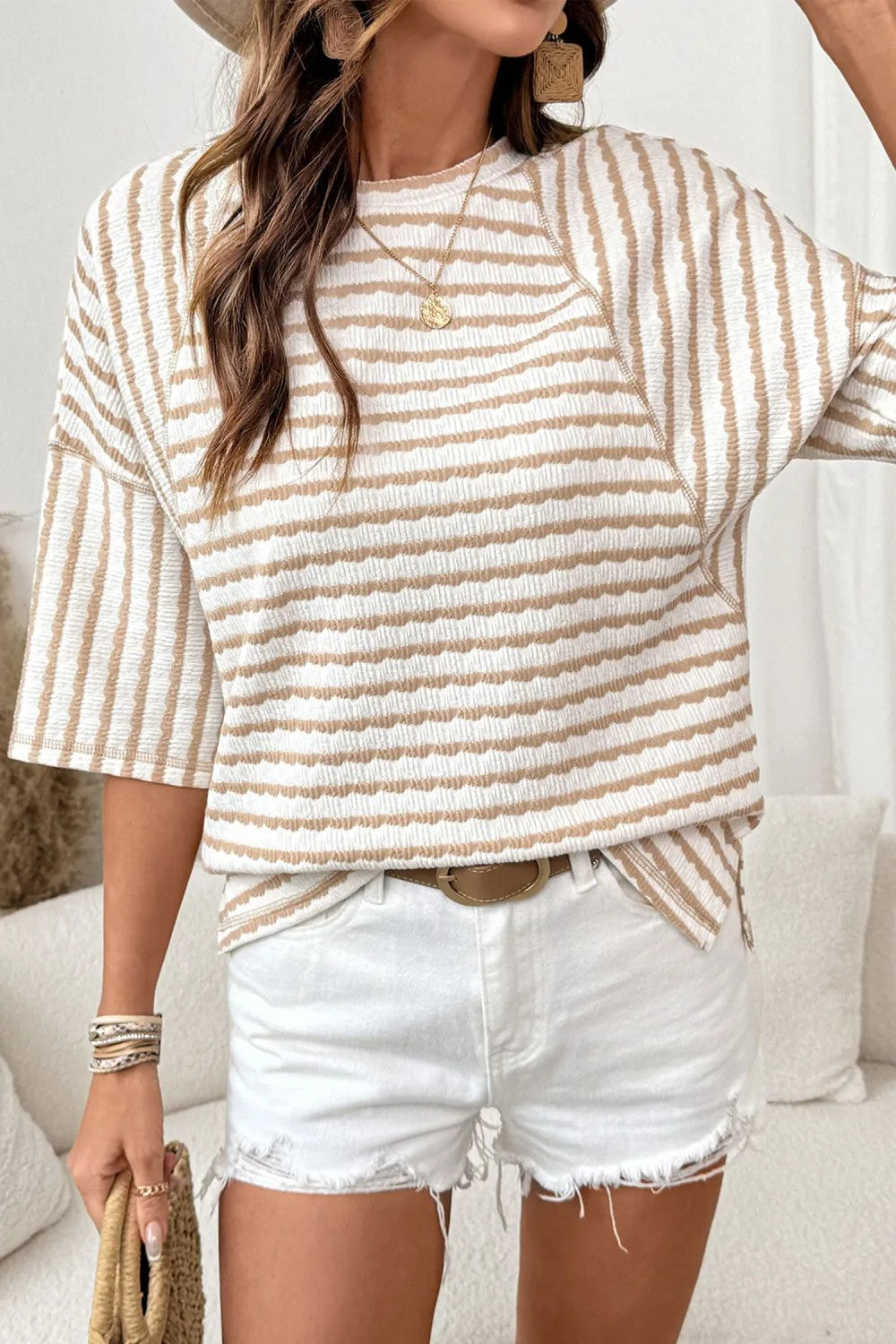 Textured Stripe Knit Top With Elbow Sleeves - Apricot - 4