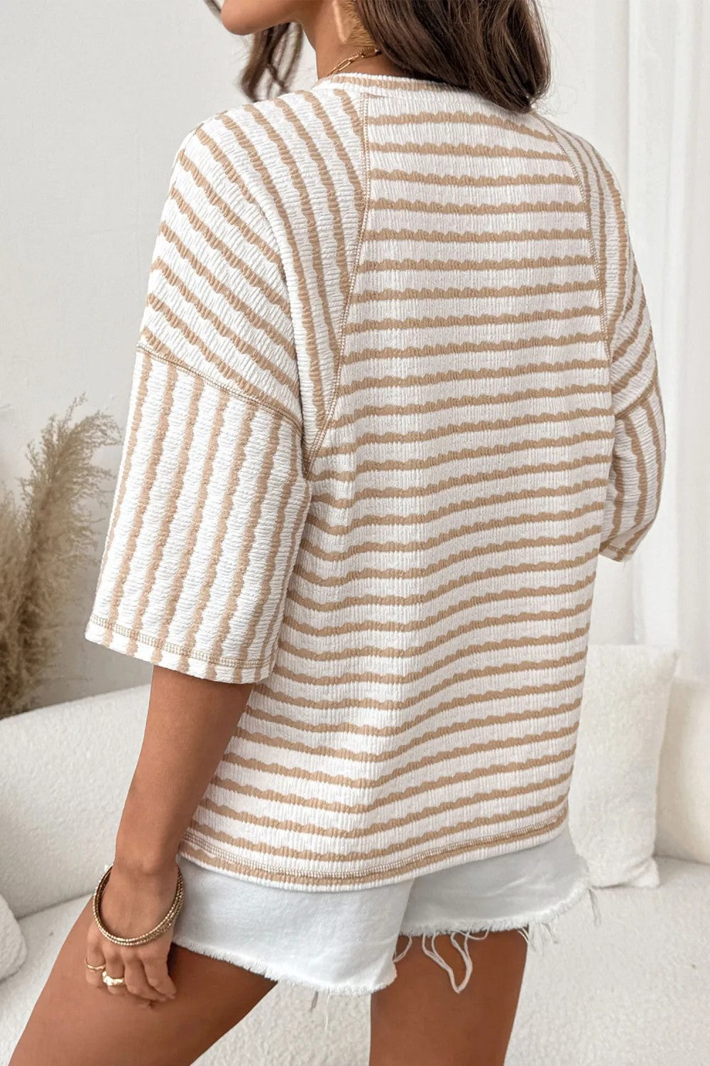 Textured Stripe Knit Top With Elbow Sleeves - Apricot - 5