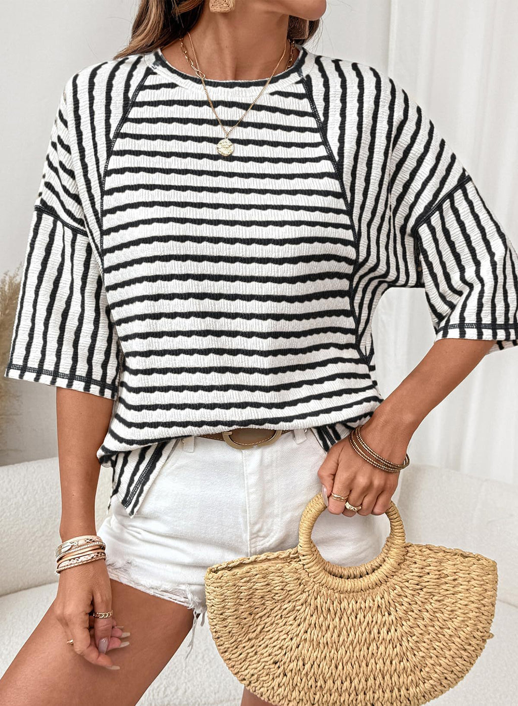 Textured Stripe Knit Top With Elbow Sleeves - Black