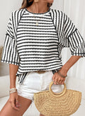 Textured Stripe Knit Top With Elbow Sleeves - Black