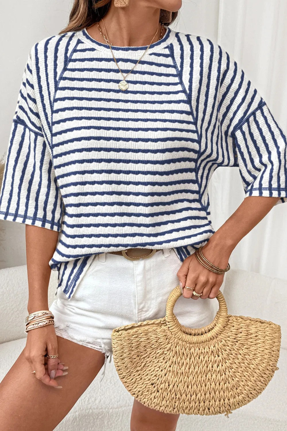Textured Stripe Knit Top With Elbow Sleeves - NavyBlue