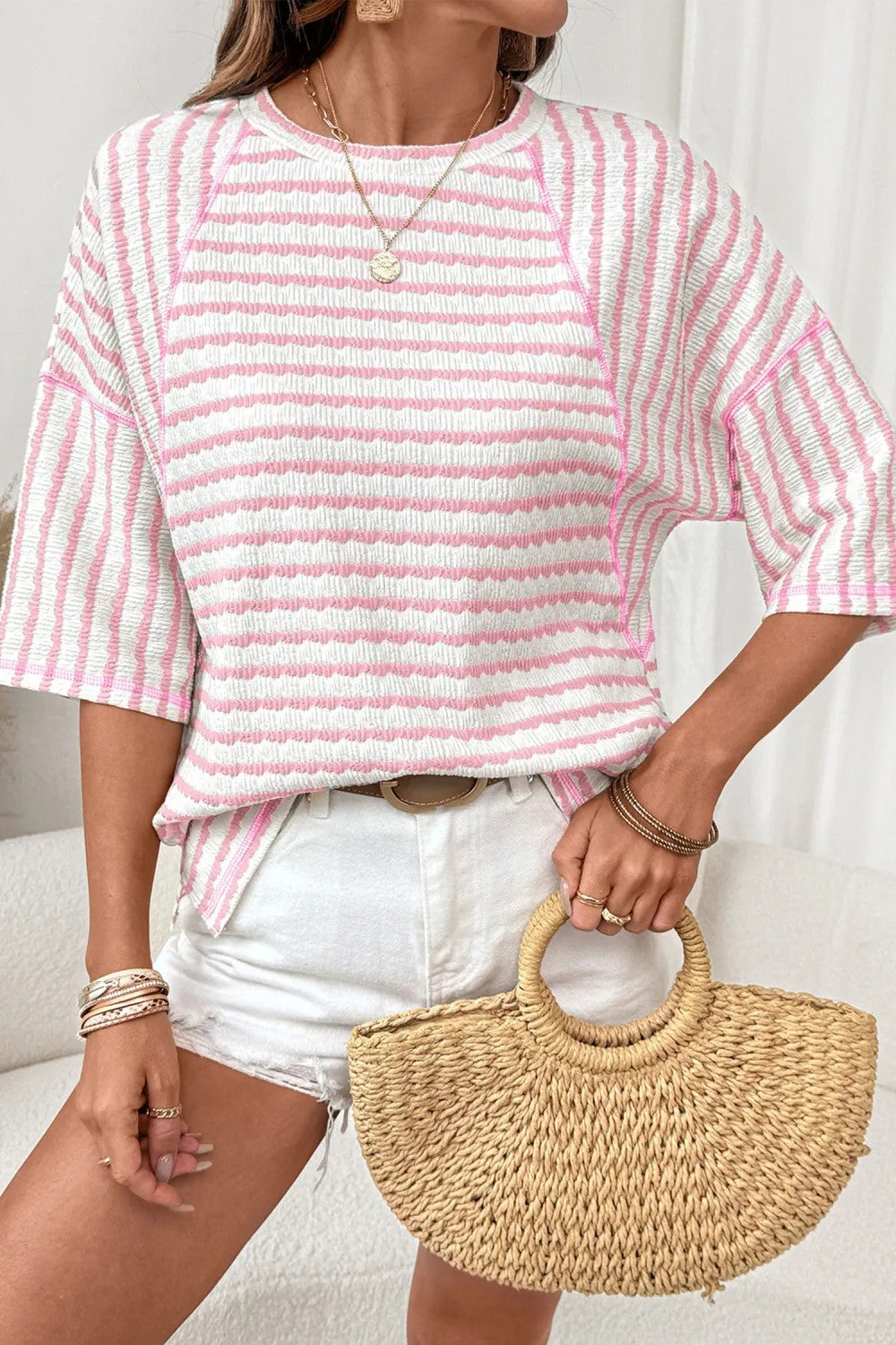 Textured Stripe Knit Top With Elbow Sleeves - Pink