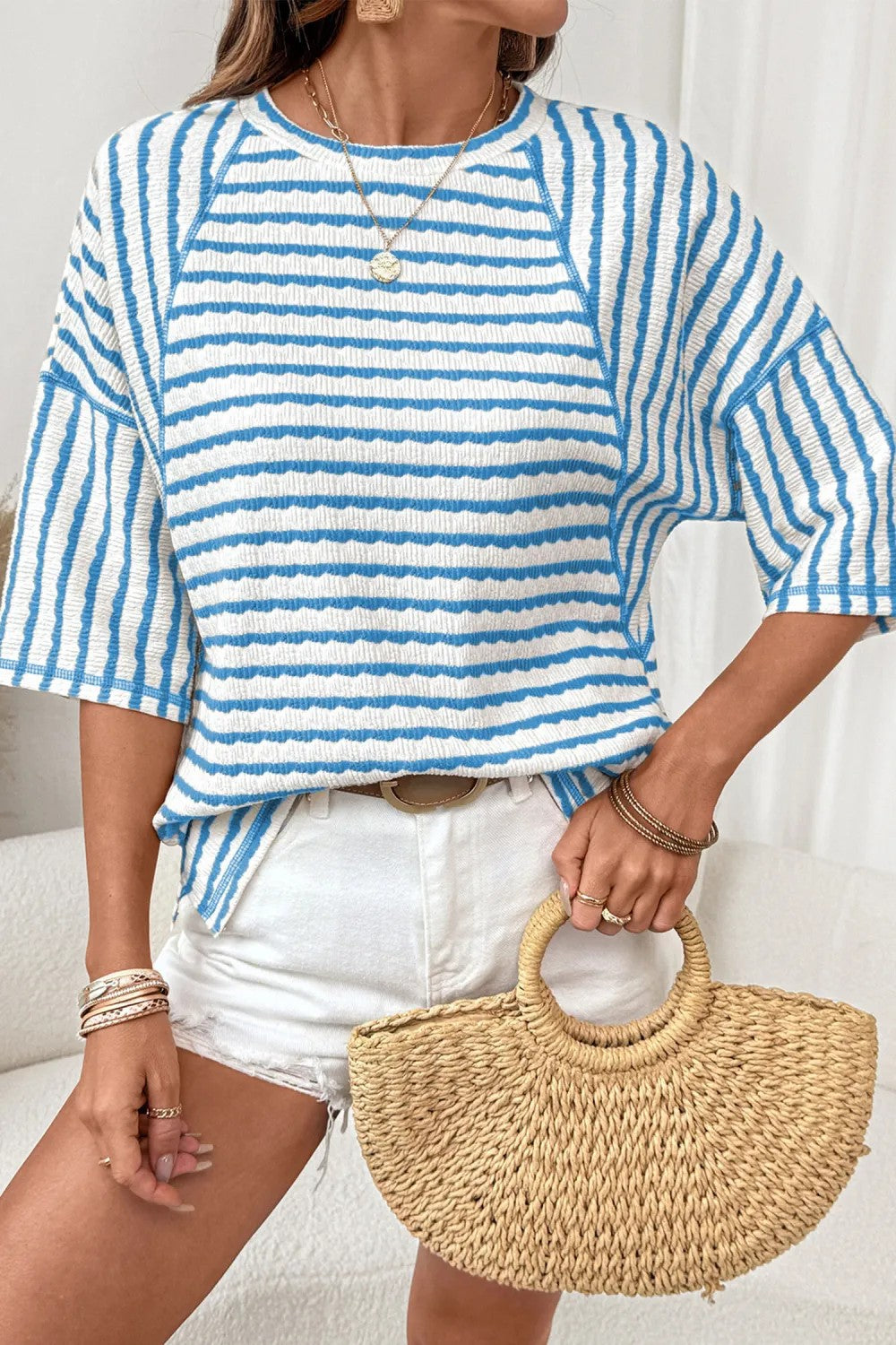 Textured Stripe Knit Top With Elbow Sleeves - SkyBlue