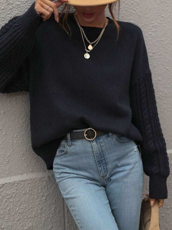 Crew Neck Cable Sleeve Smooth Knit Sweater - Black