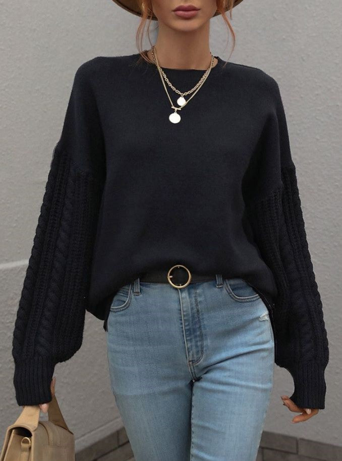 Crew Neck Cable Sleeve Smooth Knit Sweater - Black - 1