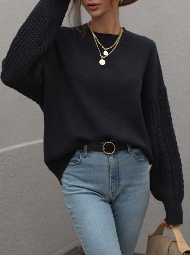 Crew Neck Cable Sleeve Smooth Knit Sweater - Black - 2