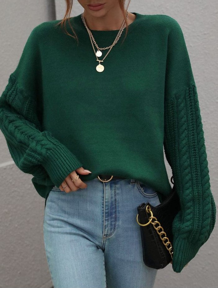 Crew Neck Cable Sleeve Smooth Knit Sweater - Green