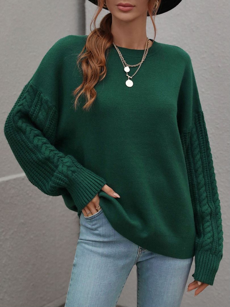 Crew Neck Cable Sleeve Smooth Knit Sweater - Green - 2