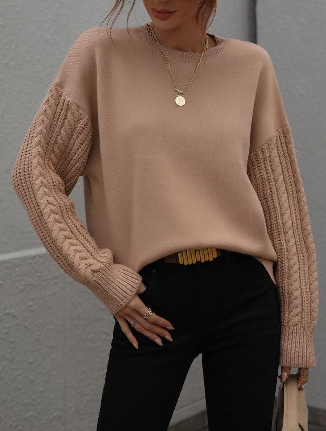 Crew Neck Cable Sleeve Smooth Knit Sweater - Khaki - 1