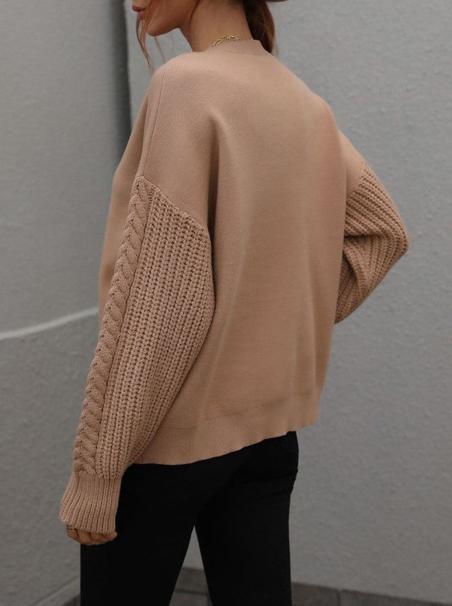 Crew Neck Cable Sleeve Smooth Knit Sweater - Khaki - 2