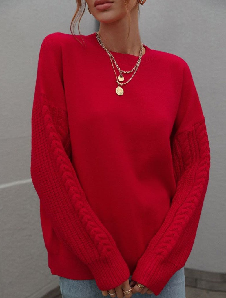 Crew Neck Cable Sleeve Smooth Knit Sweater - Red