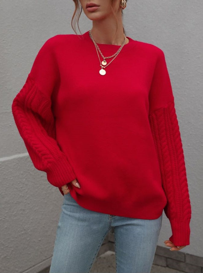 Crew Neck Cable Sleeve Smooth Knit Sweater - Red - 1
