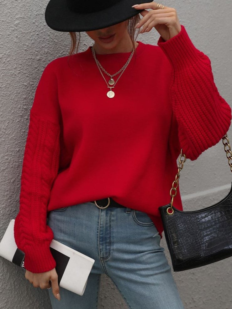 Crew Neck Cable Sleeve Smooth Knit Sweater - Red - 2